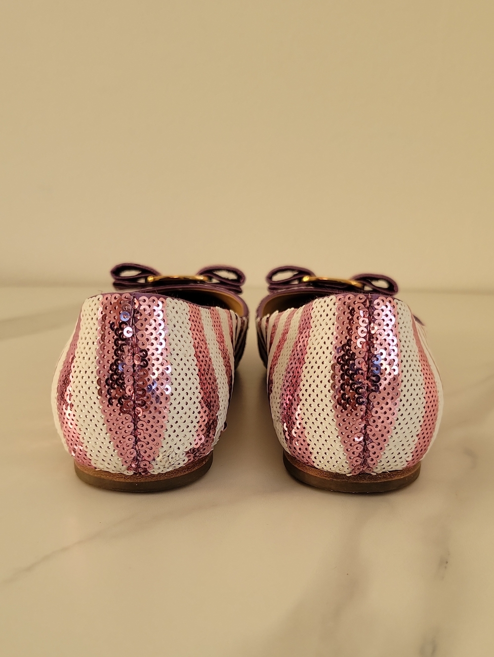 Salvatore Ferragamo Pink & White Sequined Bow Ballet Flats - Picture 5 of 16